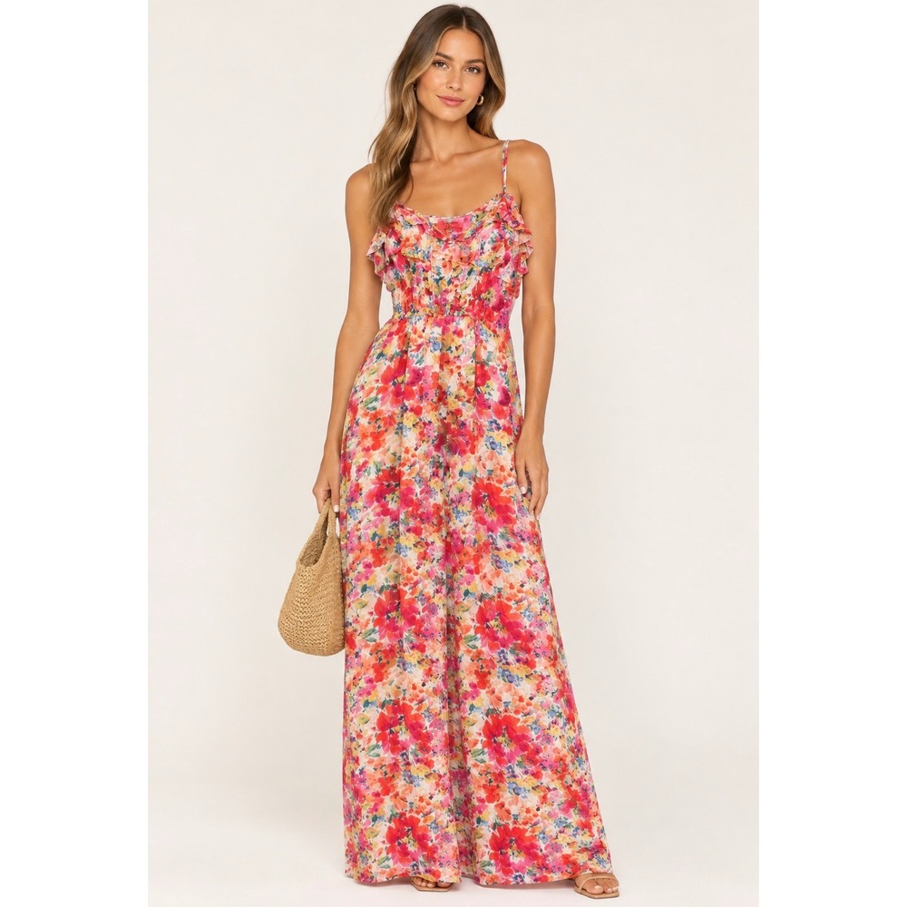 Dear John Pink Floral Ruffle Maxi Dress Sleeveless Medium Resort Tropical
